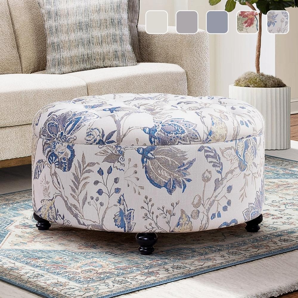 Adeco Velvet Round Storage Stool Gold Plating Base Storage Ottoman