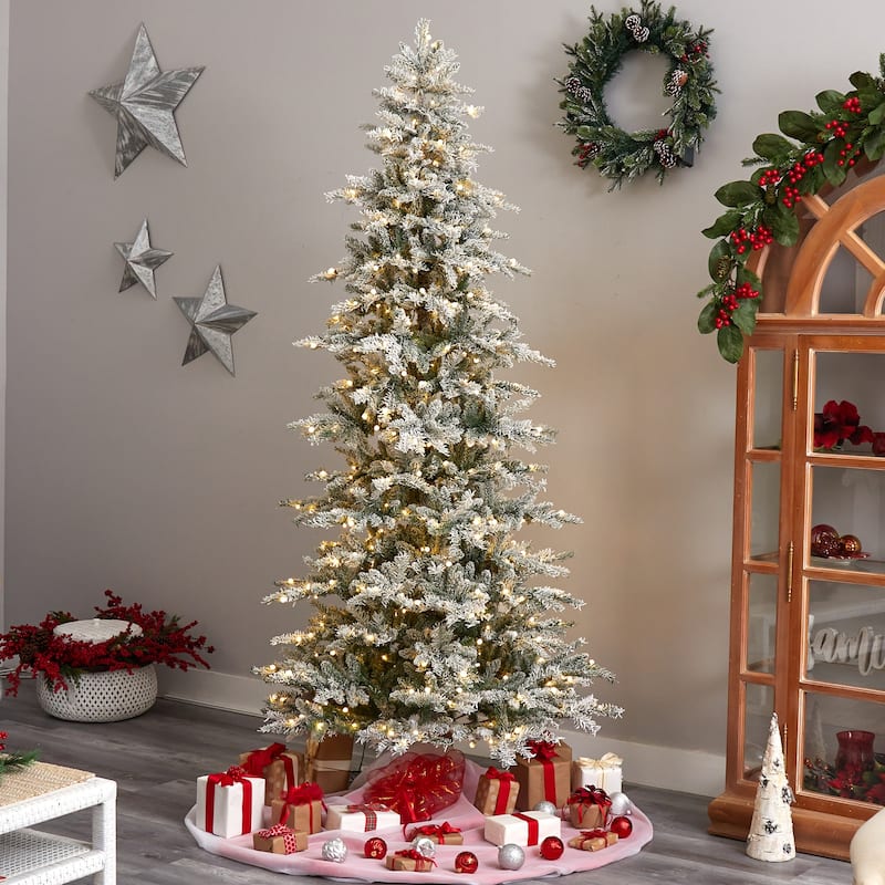 Slim Artificial Christmas Tree with Warm White Lights - 8.5ft Holiday Decor - Green - 102