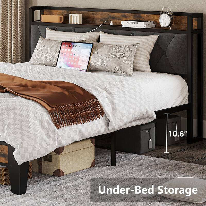 Queen Bed Frame, Storage Headboard with Outlets, Easy to Install, Sturdy and Stable, No Noise, No Box Springs Needed