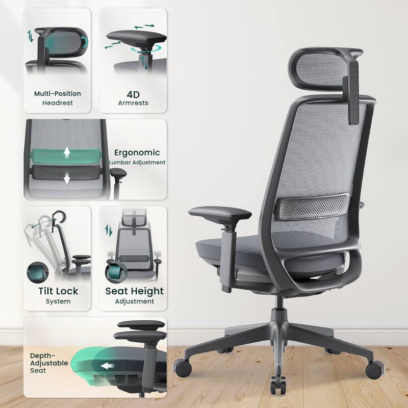 Ergonomic Office Chair, Mesh High Back, 4D Arms, Lumbar Support, Coral