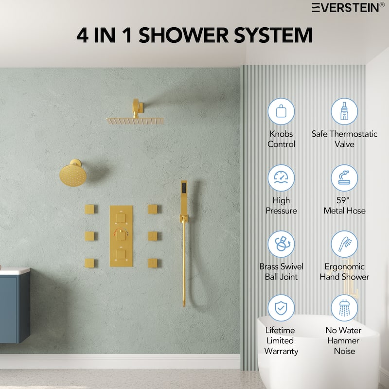 Thermostatic Dual Shower System 12" and 6" Rainfall Shower Head with 6 Body Jets & Handheld Shower
