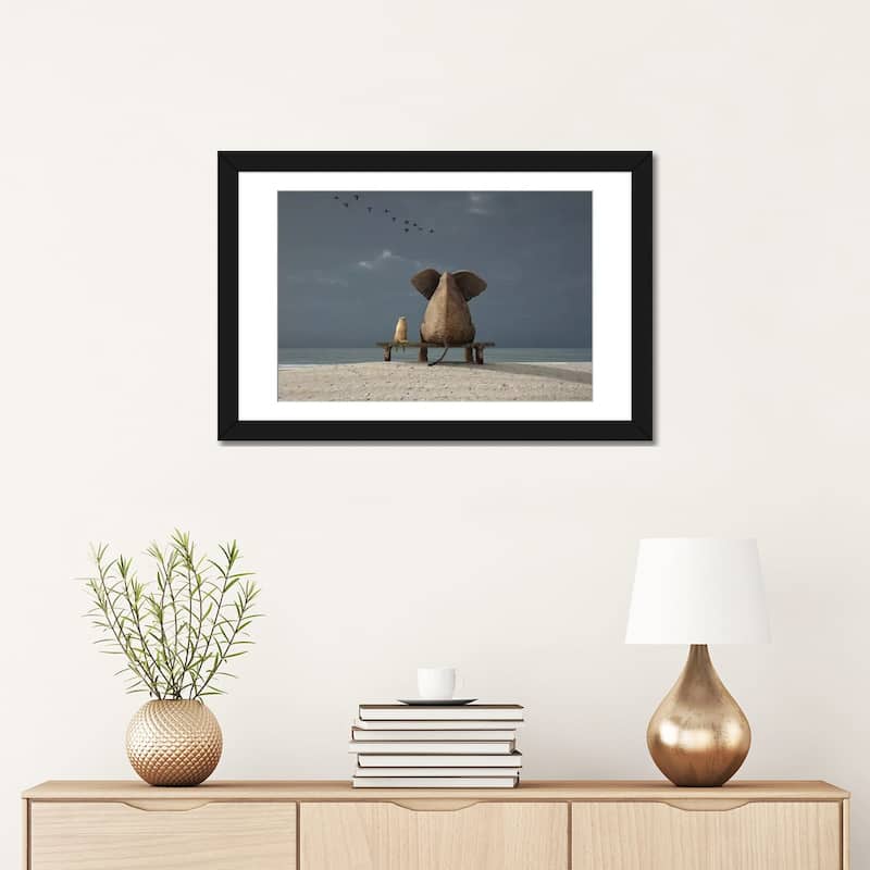 iCanvas "Elephant And Dog Sit On A Beach" by Mike Kiev