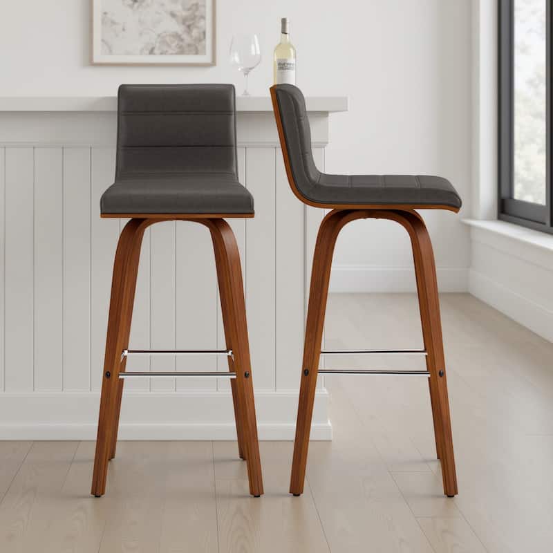 Skara Swivel Bar Stool, Upholstered Bar Height Chair with Bentwood Frame - Grey & Walnut - Set of 2
