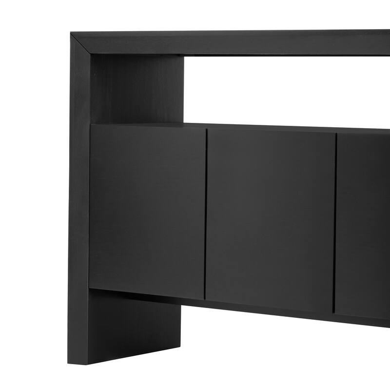 60" 4-Door Sideboard, Modern Minimalist Solid Wood Veneer Sideboard with Open Shelf