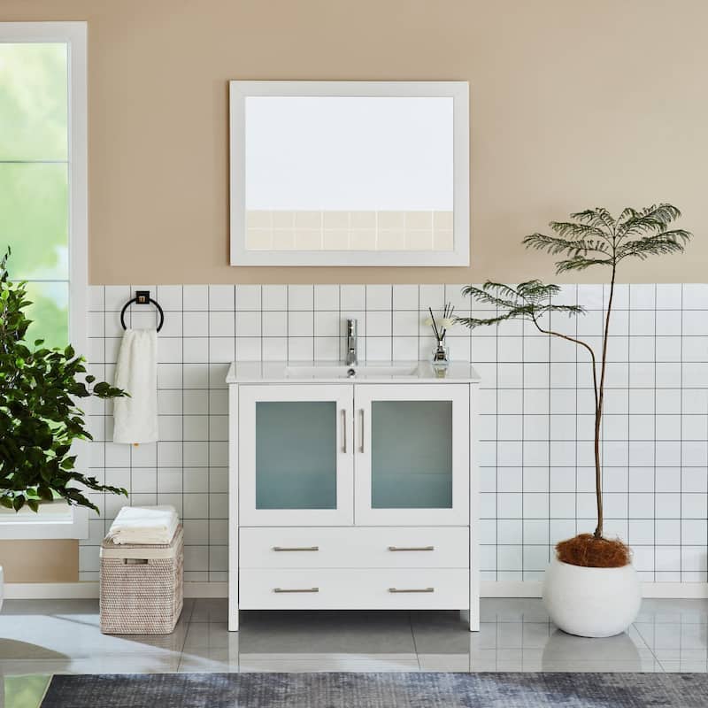 Vanity Art 36-Inch Single Sink Bathroom Vanity Set Dove-Tailed Drawers, 1 Cabinets, 1 Shelf, Soft-Closing Doors with Free Mirror - White