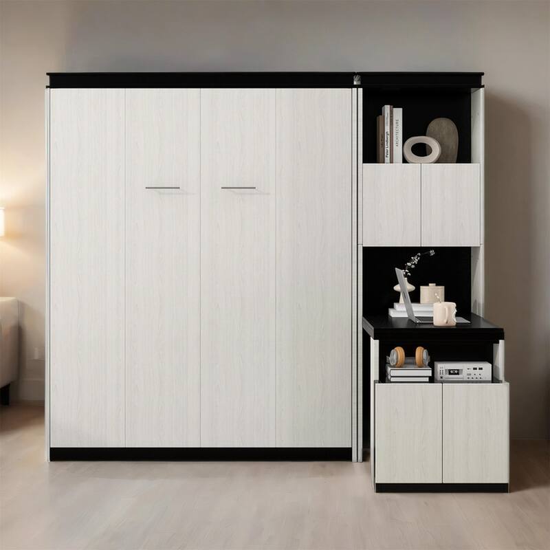 Full Size Wood Murphy Bed with Desk,Storage Shelves and Cabinets