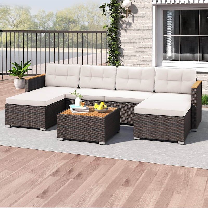 Costway 7 PCS Wicker Conversation Set with Seat & Back Cushions Wood - See Details