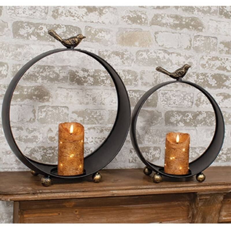 Set of 2 Round Metal Pillar Lanterns with Bird Tops for Indoor and Outdoor Decor Display