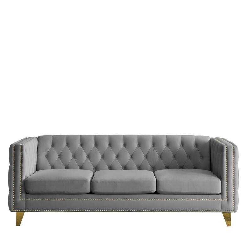 Classic Chesterfield Three-Seat Sofa with Tufted Buttons and Nailhead Trim,Grey