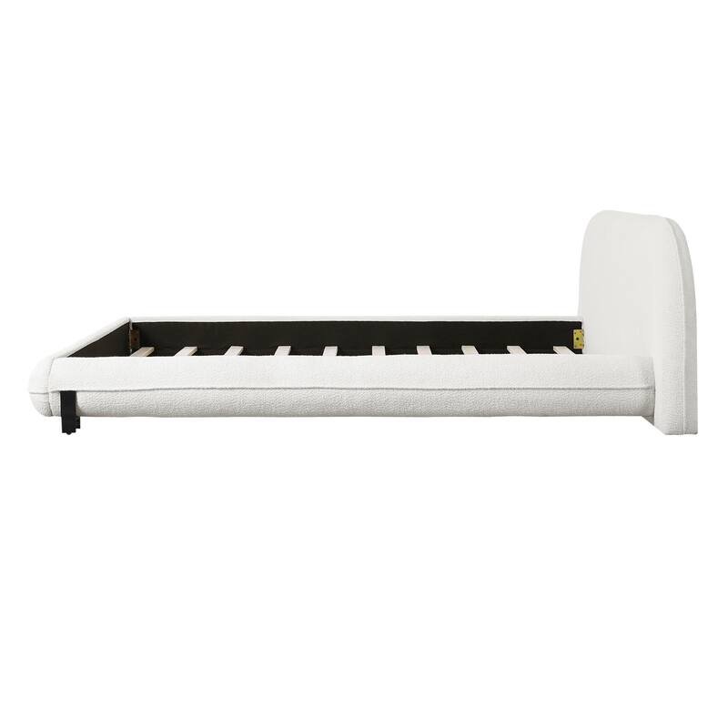 White Queen Size Upholstered Bed Frame with Boucle Fabric and Sturdy Steel Legs