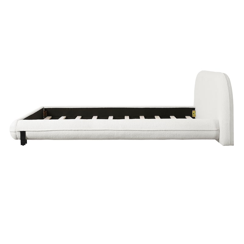 White Upholstered Boucle Fabric Low-Profile Platform Bed Frame with Thought Embeded Curved Thick Headboard and Metal Support Leg