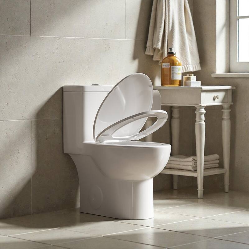 One Piece Tornado Flush Toilet ADA Height 17 Inch. Dual Flush 1.1 1.6 GPF. Rimless Bowl. Soft Close Seat