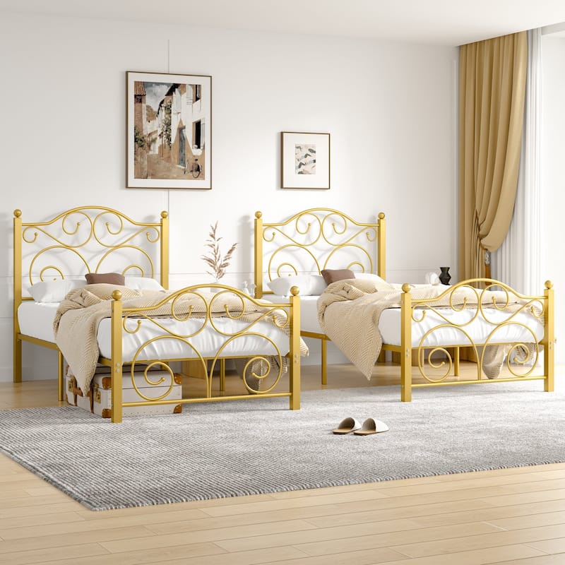 Javlergo 2-Pack Twin Size Victorian Metal Bed Frame for Kids with Headboard & Footboard No Box Spring Needed