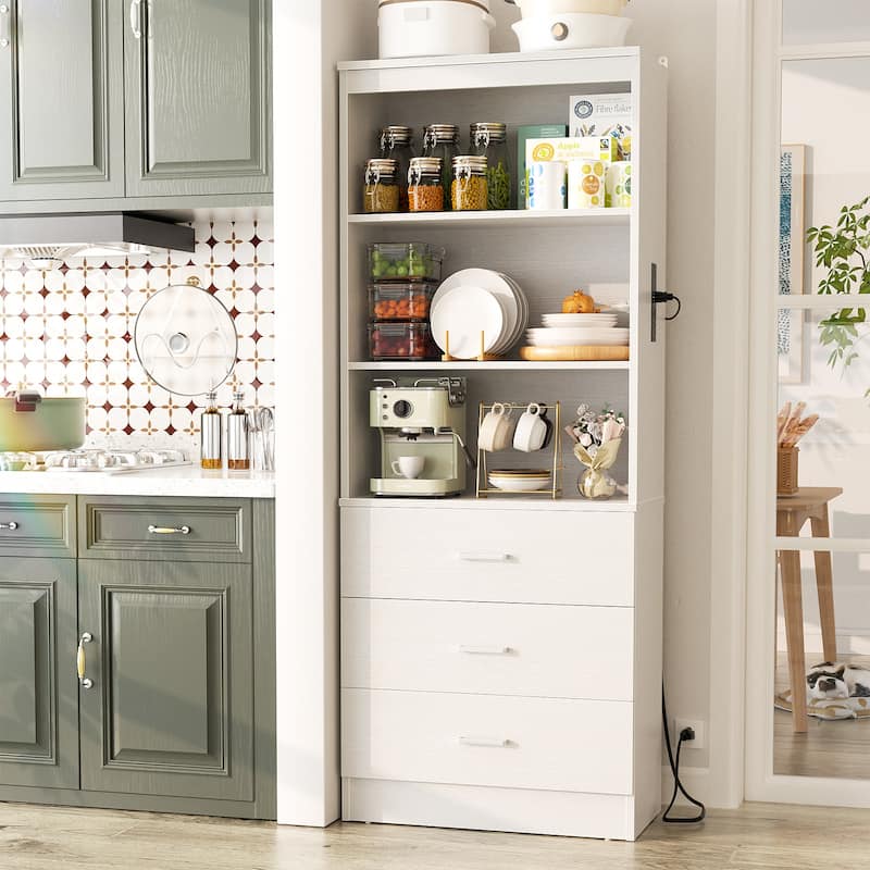6-Tier 23.6'' Display Cabinet with Charging Station and Drawers, Bookcase Storage Shelf Kitchen Pantry