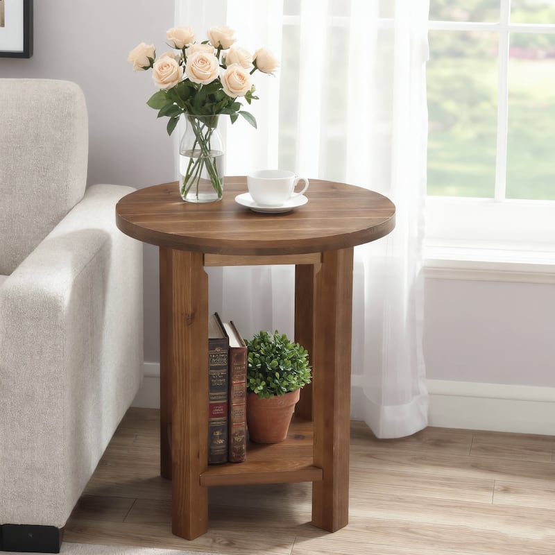 Solid Wood Round End Table With 2-tier Storage For Living Room, Small Spaces