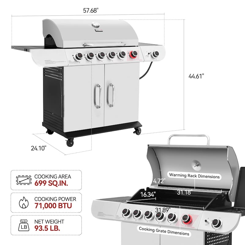 Royal Gourmet 6-Burner Grill with Sear and Side Burner,Stainless Steel, Silver