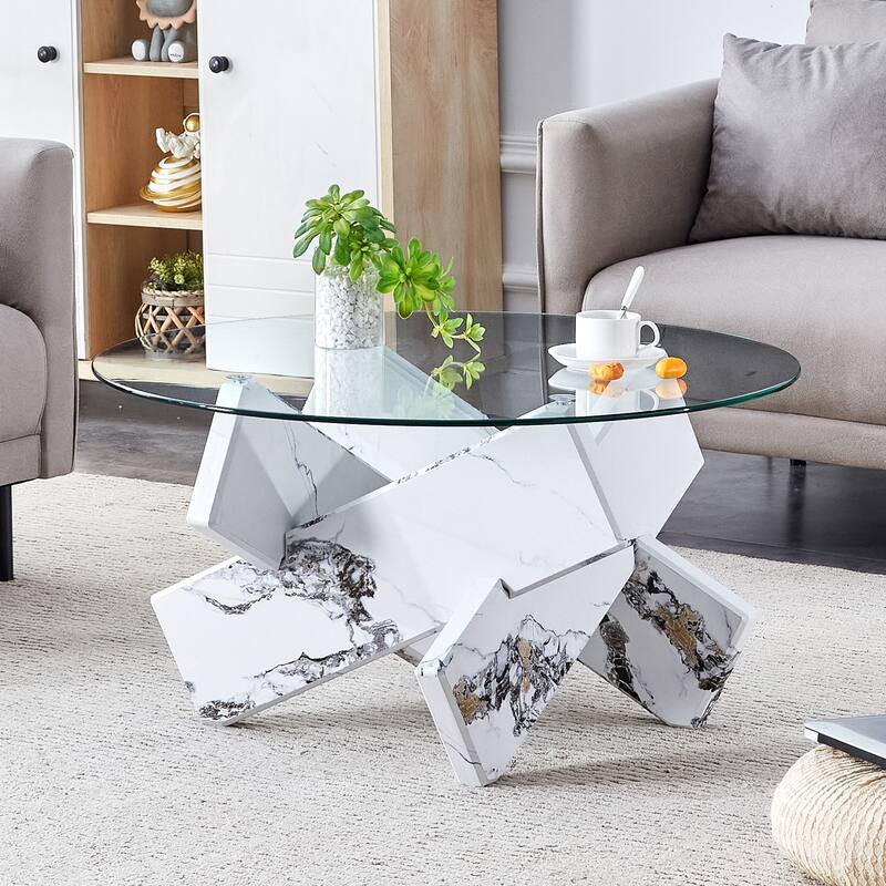 33.4" Modern Round Coffee Table with Clear Tempered Glass Top and MDF Legs for Living Room