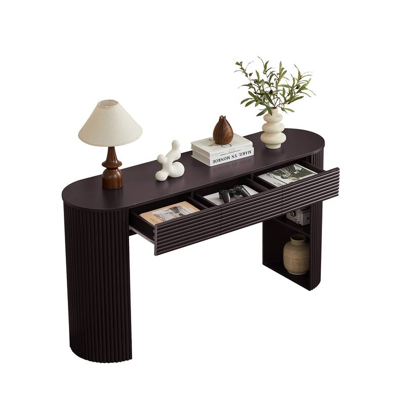 Retro Console Table with Storage, 3 Drawers, 1 Table-Leg Niche, Round Slat Aesthetic, Entryway, Living Room & Hallway