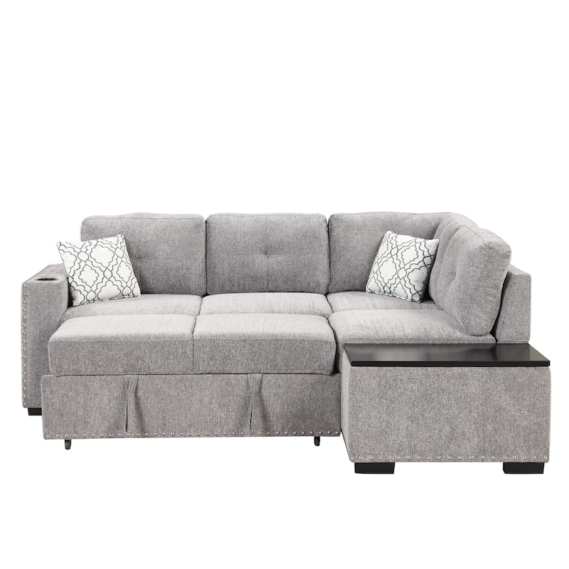 83.8-inch L-shaped Pull-Out Sectional Sofa Bed with Storage Chaise, USB Ports, Power Sockets, and Cup Holder