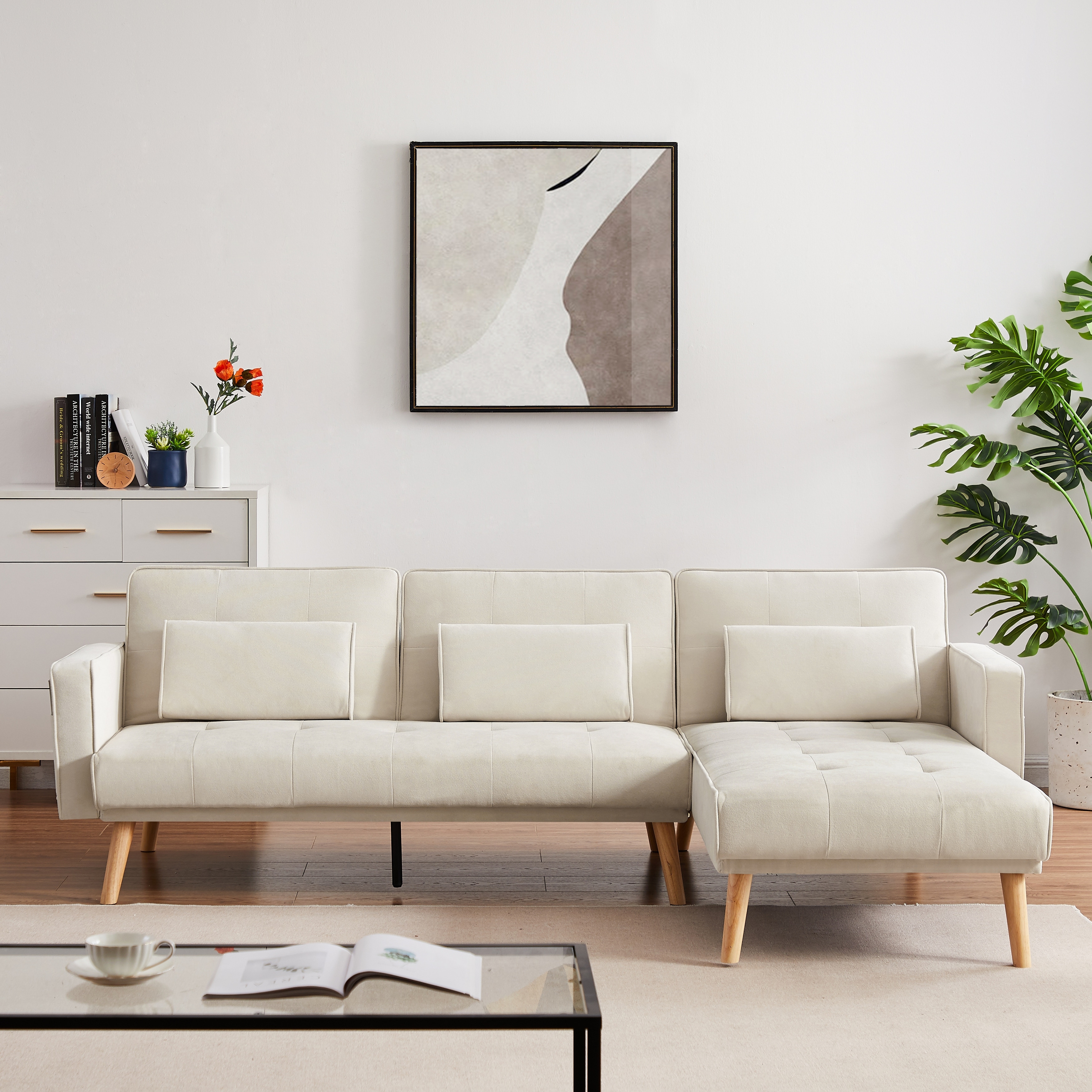 Ivory Convertible L shaped Linen Sleeper Sectional Sofa with