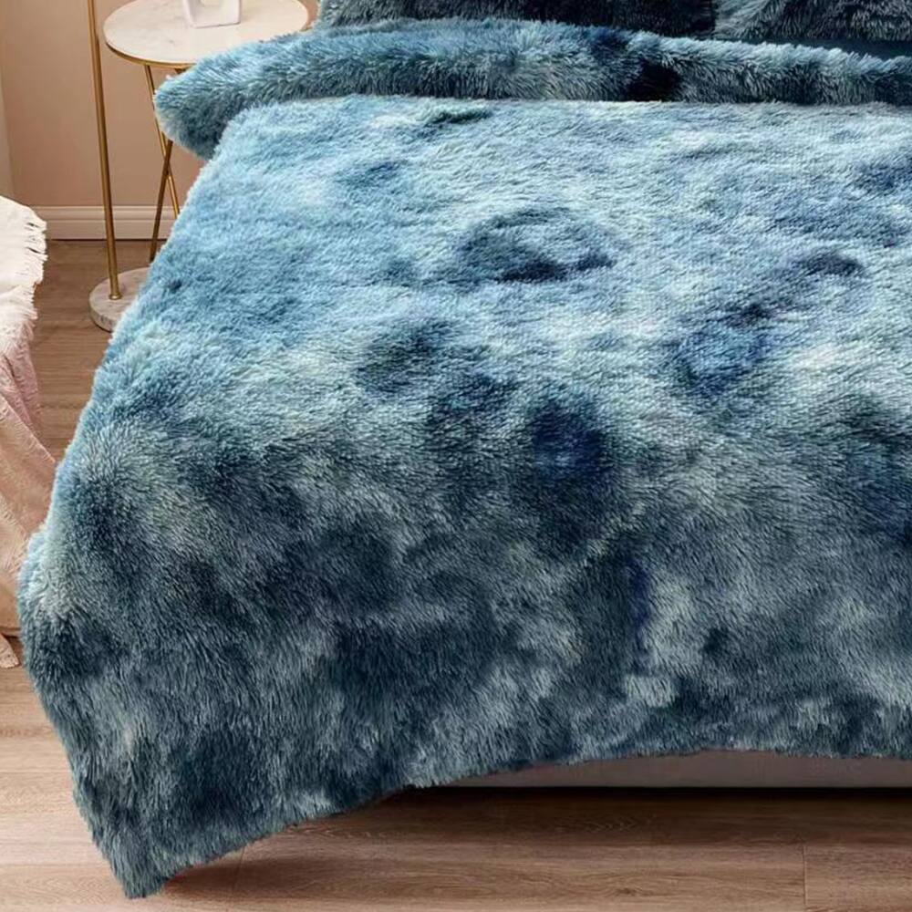Fluffy Shaggy Comforter Set with 2 Pillowcases King Tie Dyed Teal Bed Bath & Beyond 37348231