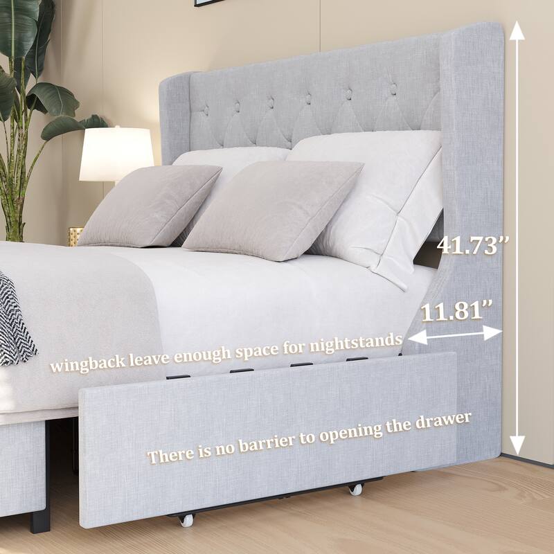 Full Size Platform Bed Frame with Wingback Headboard and 4 Hidden Storage Drawers, Stylish and Functional Bedroom Furniture