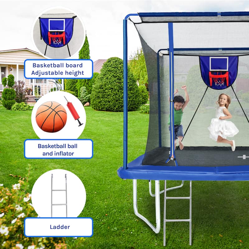 8ft X12ft Rectangular Trampoline with Basketball Board,Ball Inflater and Ladder-Blue