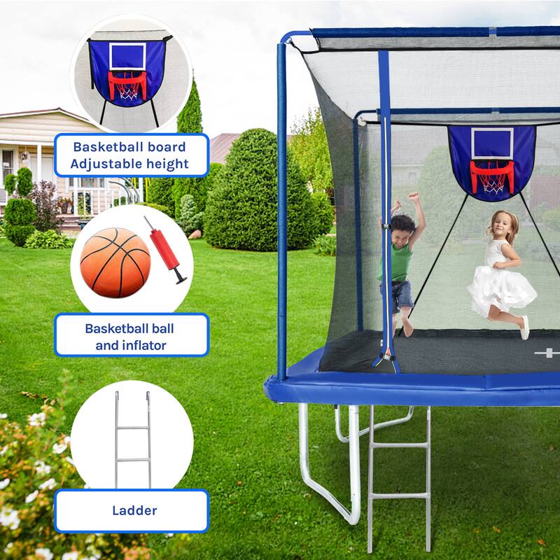 8ft by 12ft rectangular trampoline with basketball board,ball inflater and ladder-Blue ASTM standard tested and CPC certified