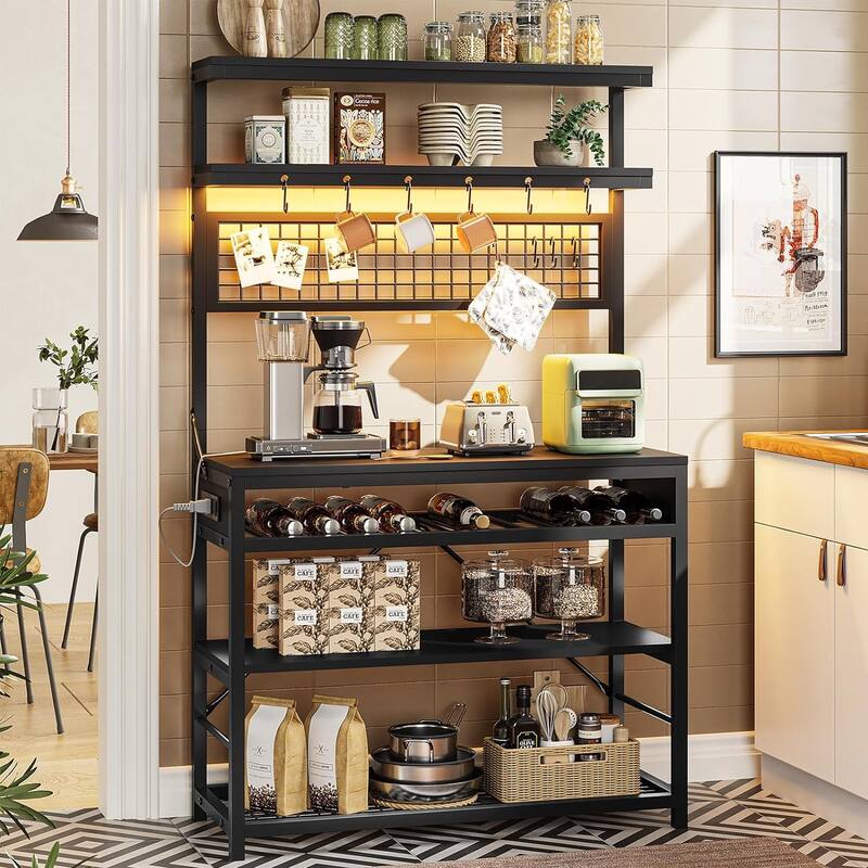 Bakers Rack with Power Outlet 6-Tier Coffee Bar Microwave Stand - Black