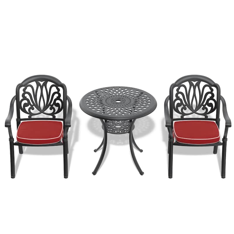 3-Pc Aluminum Patio Set , 2 x Armchairs with Cushions In Random Colors with 1 With Umbrella Hole Table
