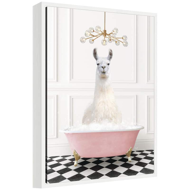 Kate and Laurel Sylvie Llama in Pink Bathtub on Checker Floor Framed Canvas by Amy Peterson - White