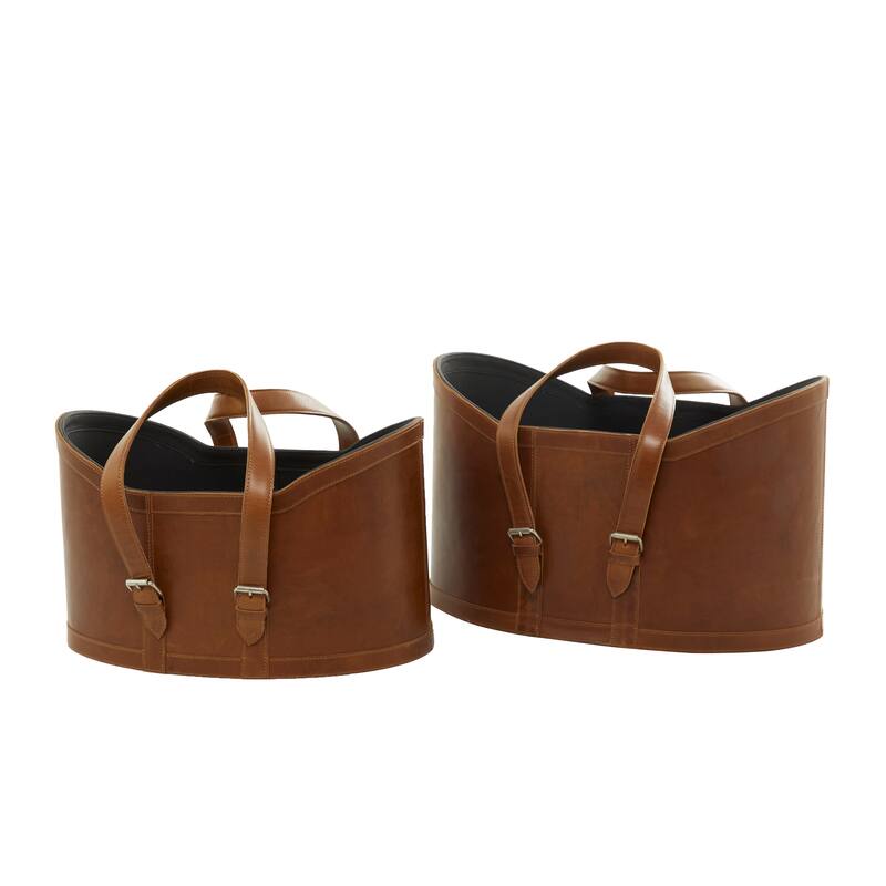 Leather Handmade Storage Basket with Handles - Set of 2 Dark Blue or Brown - Roche River Decor