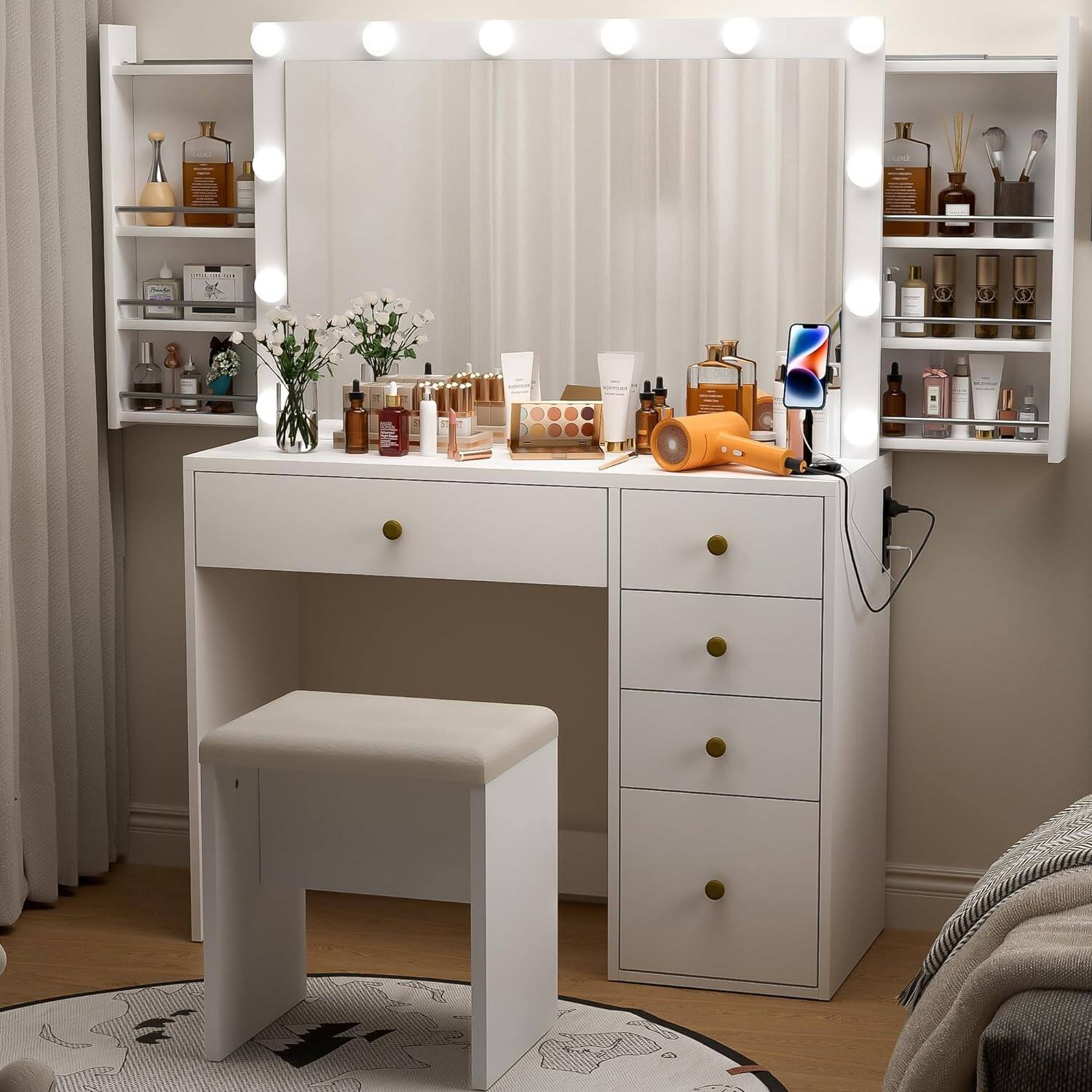 39.3'' Makeup Vanity with 3 Lighting Colors & Power Outlet, 5 Drawers