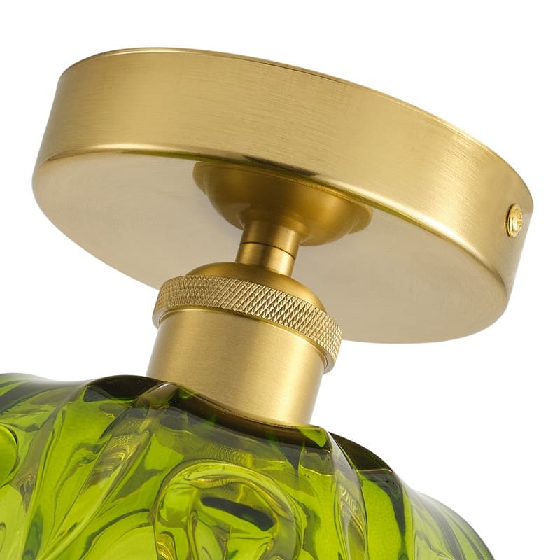 Vintage 1-Light Green Glass Semi Flush Mount Ceiling Fixture with Brass Base