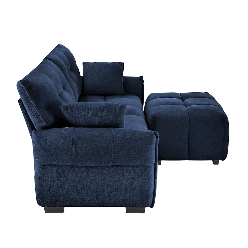Chenille Fabric Loveseat Sofa with Ottoman, Minimalist Living Room Couch, Modern Flared Arms 2-Seater Sofa for Apartment