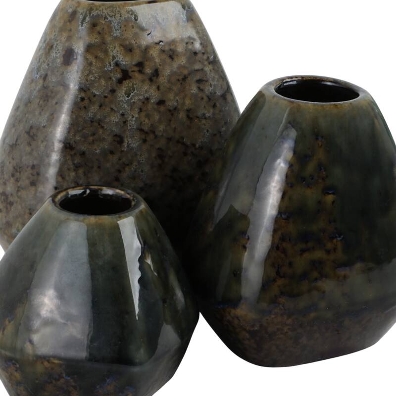 Stoneware Vases Geometric Glazed Finish (Set of 3) - 8/7/5" Brown