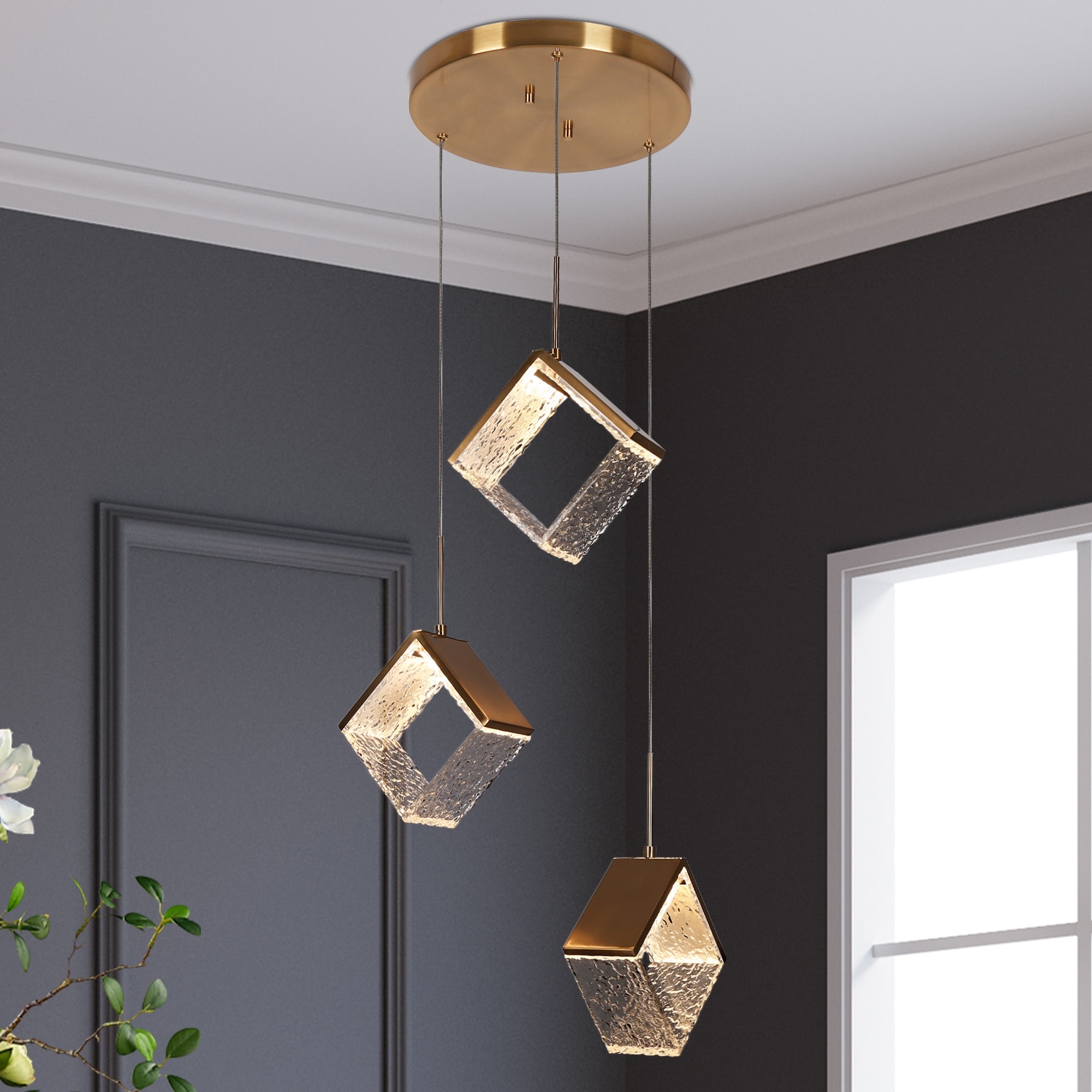 Glam 3-Light LED Sculptural Chandelier Textured Acrylic Shades for Staircase & Kitchen Island - Dia. 16.9" x H 11.8"