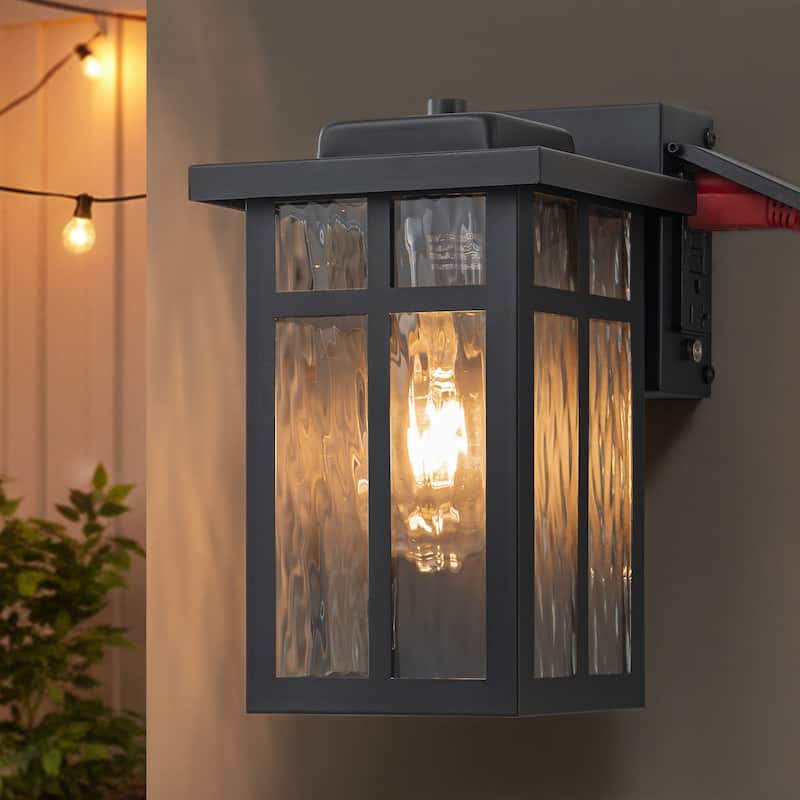C Cattleya Matte Black Outdoor Wall Light with Water Glass and GFCI Outlet