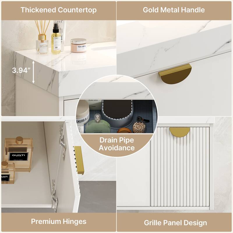 36" Single Bathroom Vanities with Sintered StoneTop, Wall Mount Vanities with Ample Storage