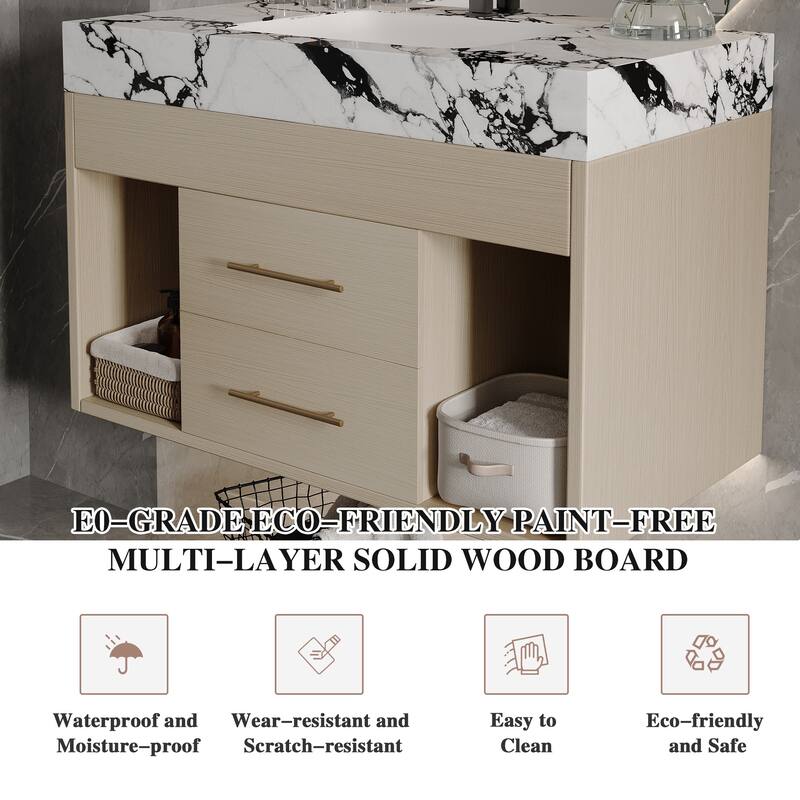 29.9" Floating Bathroom Vanity for Small Bathrooms - Sintered Stone Top & Ceramic Undermount Sink