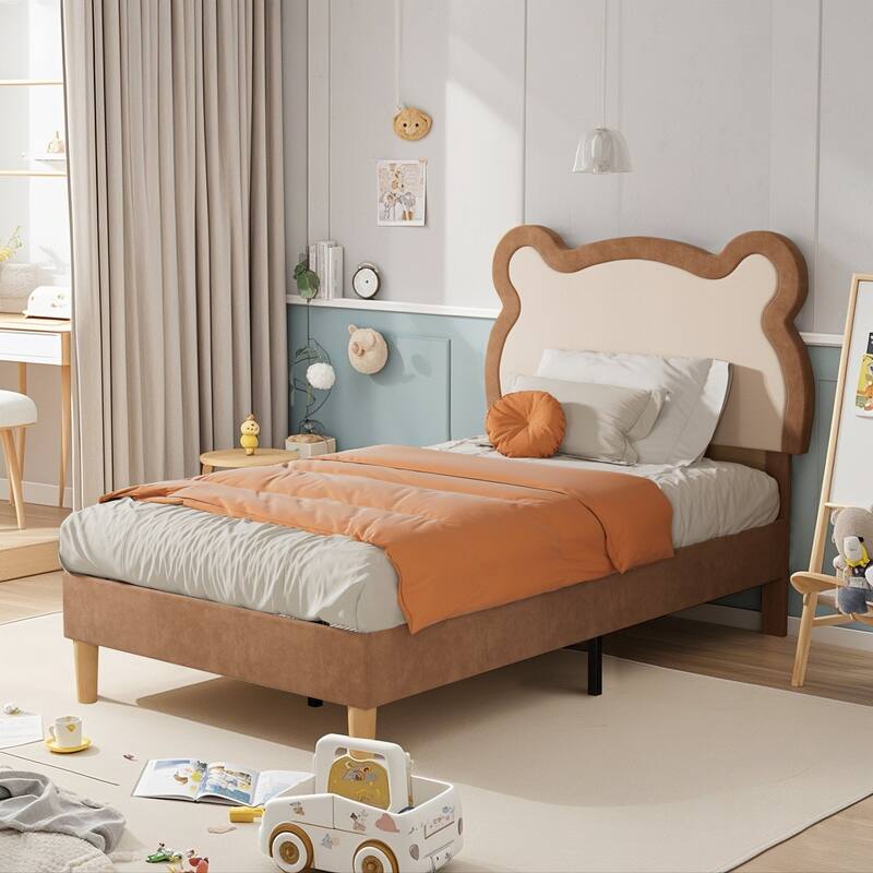 VECELO Twin Beds for Kids, Upholstered Platform Bedframes, Brown Kids Bed Set of 2