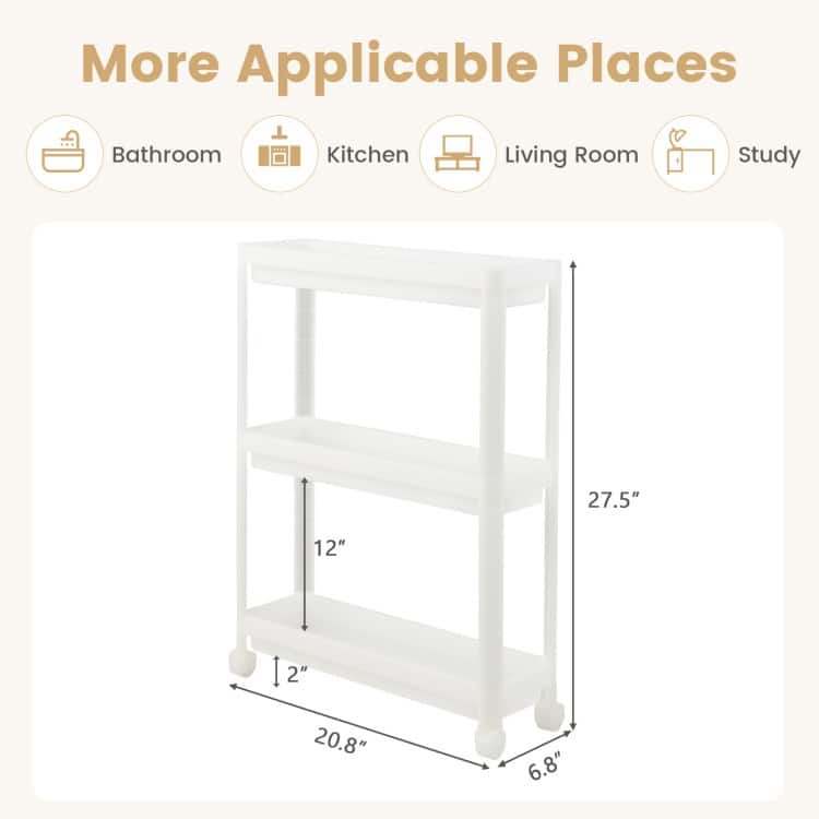 2 Pieces 3-Tier Slim Detachable Storage Cart with Drainage Holes and Wheels-White - 20.8" x 6.8" x 27.5"