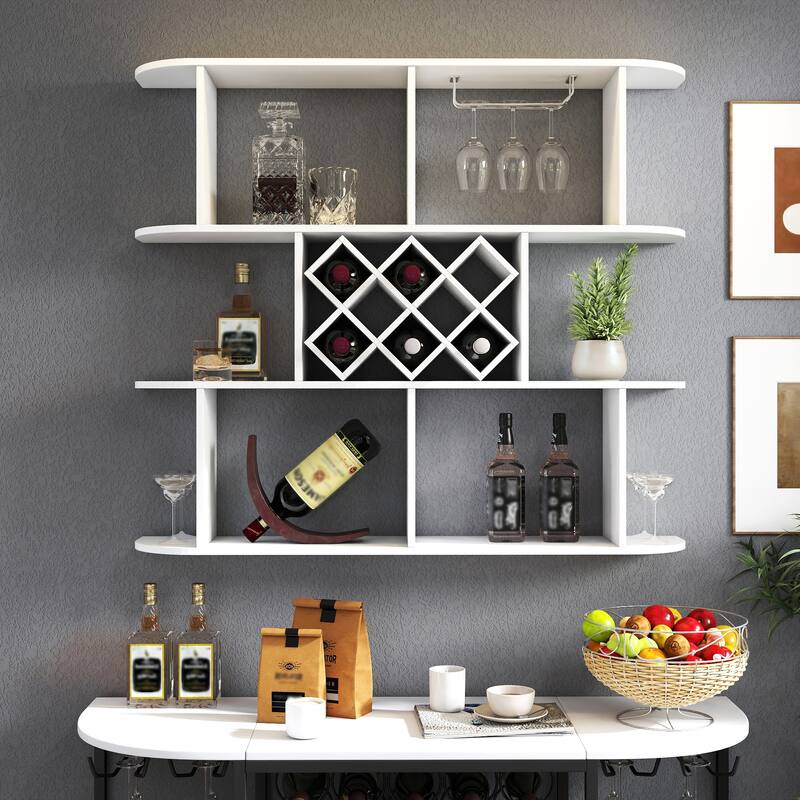 Roomfitters Wall-Mounted Wine Rack with Glass Holder, 3-Tier Wooden Bottle Storage Shelf for Home Bar or Dining Room - White