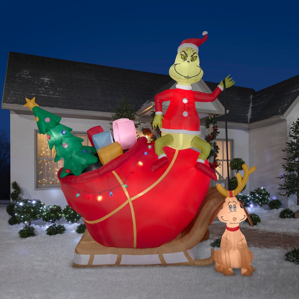 Gemmy Grinch and Max in Sleigh 12-foot Christmas Airblown Inflatable