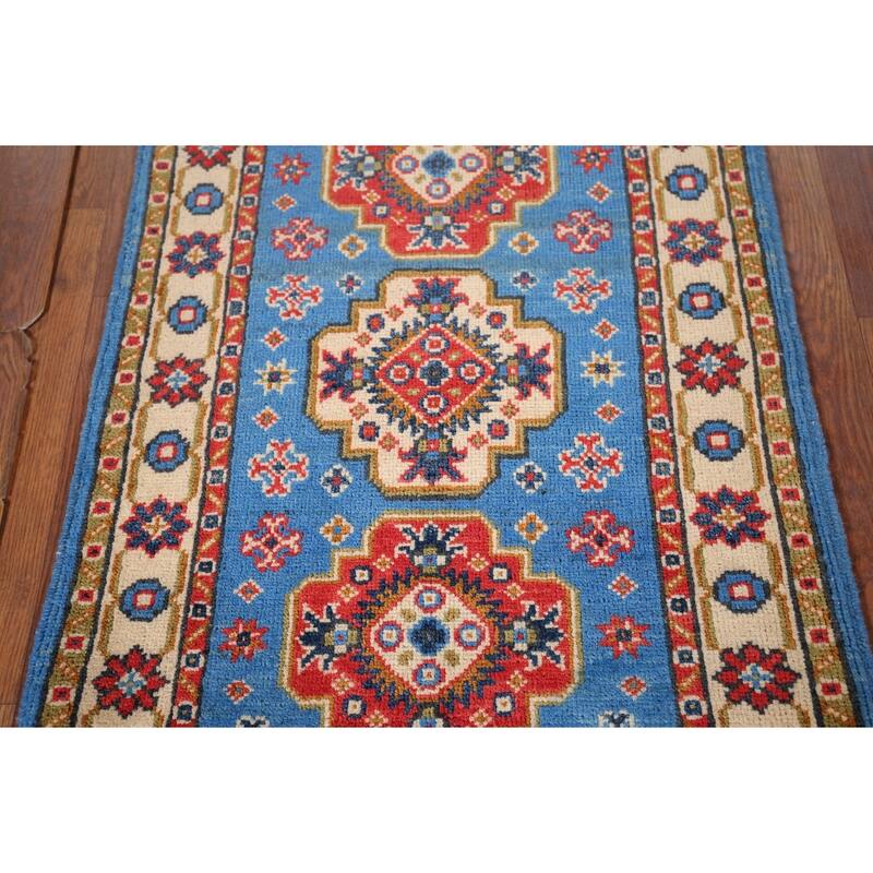 Blue Geometric Kazak Foyer Rug Hand-Knotted Wool Carpet - 2'0" x 2'11"