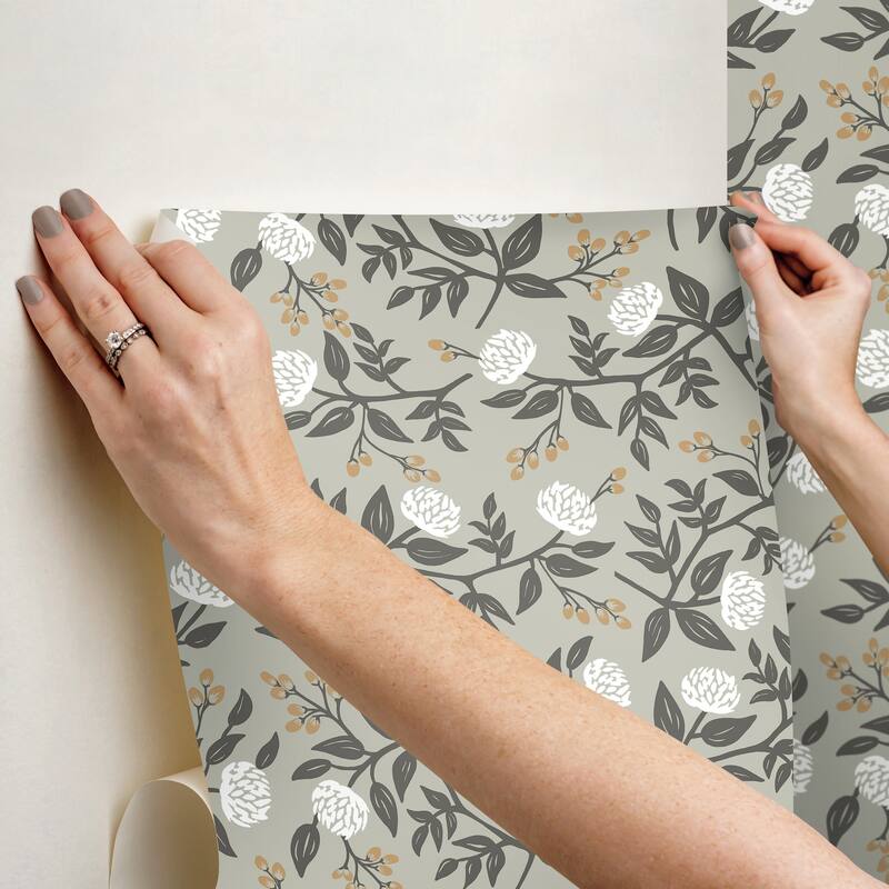Rifle Paper Co. Peonies Grey Floral Premium Peel + Stick Wallpaper