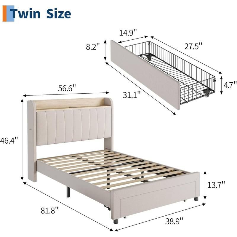 Upholstered Platform Beds with Drawers, Storage Headboard, Charging Station, Beige