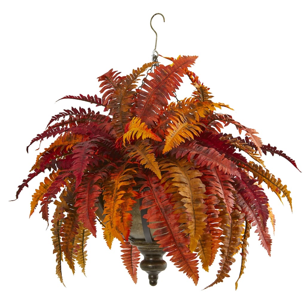 Artificial Fern Plant with Metal Bowl - 28 Inch Indoor Décor, Autumn Colors, Contemporary Design - Red