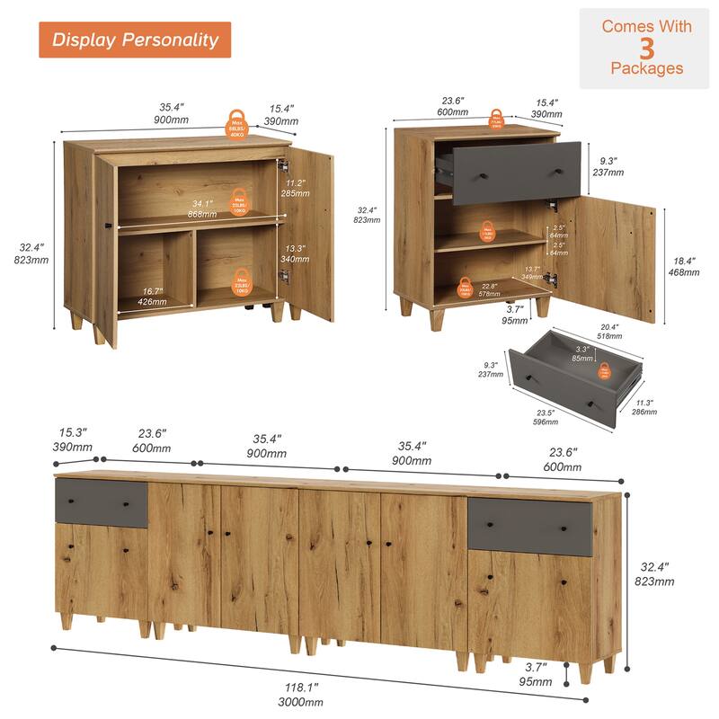 Wood Dresser with 2 Drawers and 4 Cabinets for Bedroom, 118" Wide