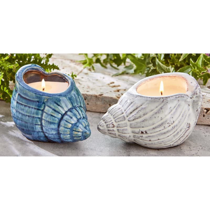 Shell Citronella Candle - Blue Jar Candle for Spring & Summer, 16 Hour Burn Time, 4" H x 6" L x 4" W, Wipe Clean